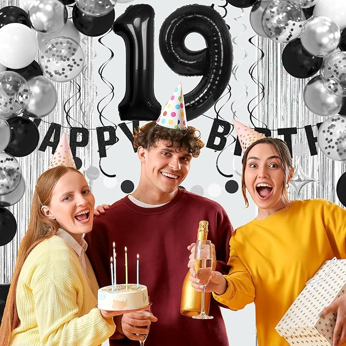 19th Birthday Decorations for Boys Girls, Silvery and Black Happy 19th Birthday Banner,Number 19 Balloons Arch Kit for 19 year old Birthday Party Decorations
