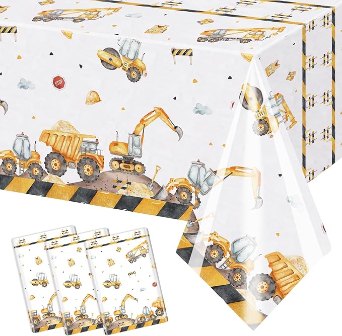 3PCS Truck Plastic Birthday Party Tablecloths Construction Disposable Table Cloth Yellow Dump Truck Themed Table Cover for Kids Boy Parties Baby Showers Supplies