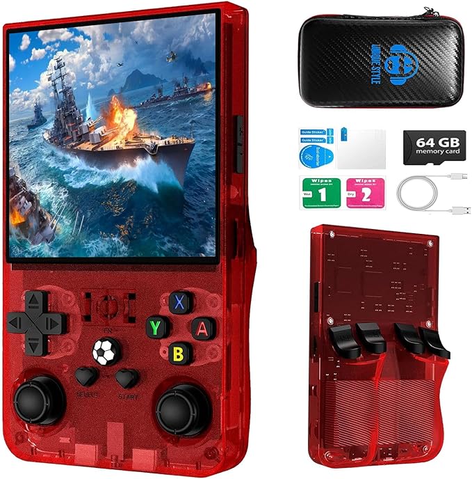 R36max Retro Handheld Game Console,64gb Memory,4000mah Battery, 18000 Pre-Installed Games ,4.0-Inch IPS Hd Screen Portable Retro Gaming Console,Suitable for Travel and Home Use (Red) (Red, 64, GB)
