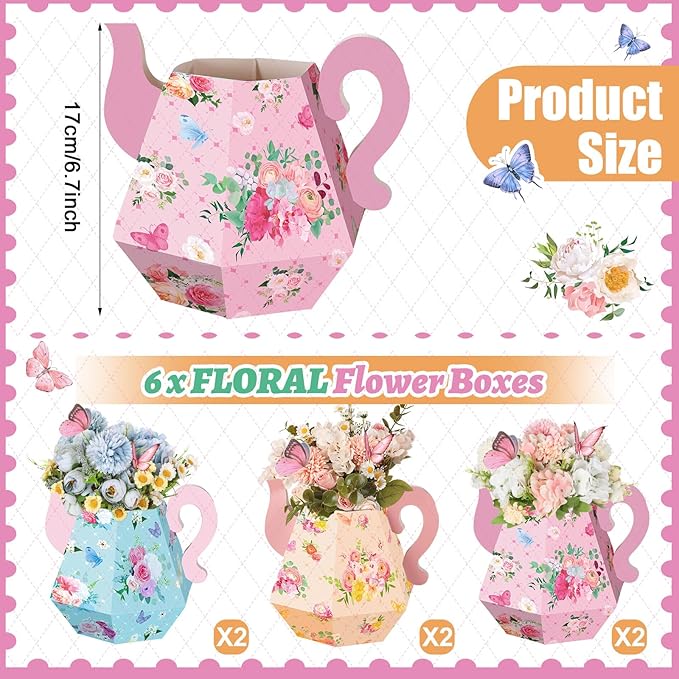 Fulmoon 9 Pcs Tea Party Decorations 6.7'' Flower Box Table Paper Teapot Princess Centerpiece Vase Table Decor Wonderland Fancy Party Decor for Floral Tea Birthday Baby Shower Wedding (Cute)