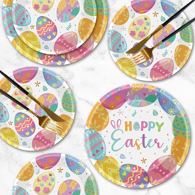 24 Pcs Happy Easter Paper Plates - Cute Round Spring Easter Plates, Colorful Eggs Dinner Dessert Plate Disposable Dinnerware Set for Spring Holiday Easters Party Table Decorations Supplies Favors