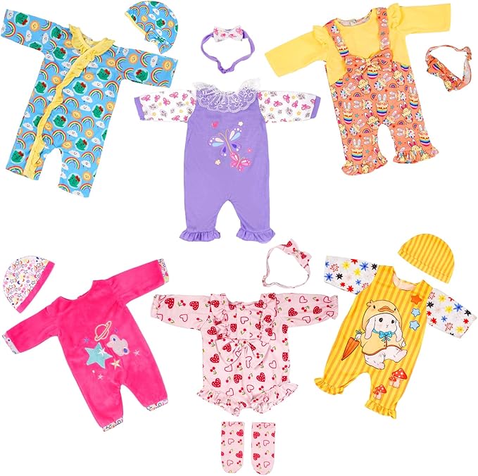 6 Sets 14-16 Inch Baby Doll Clothes, New Born Doll Outfits with Rompers & Accessories for 16-inch Soft Body Dolls ( No Doll)
