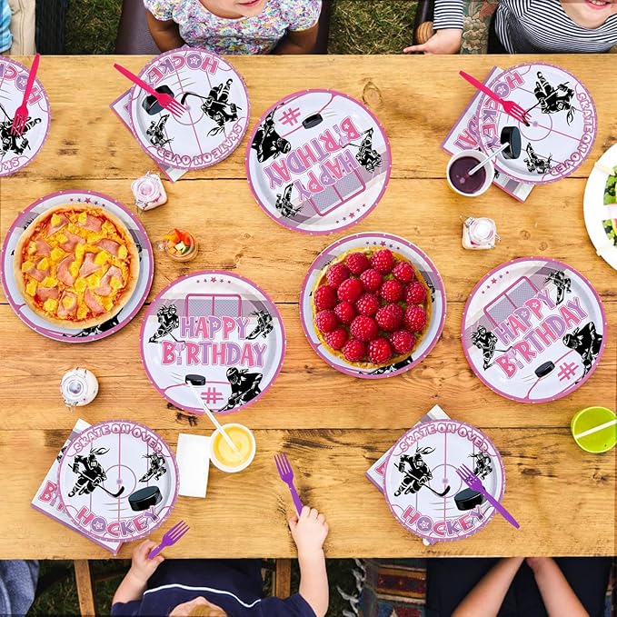 96Pcs Pink Hockey Birthday Party Supplies Hockey Girl Birthday Party Plates and Napkins Tableware Set for Girls Kid's Fans Gameday Sports Themed Party Decorations Serves 24