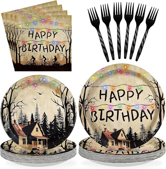 96Pcs Spooky Rustic Alphabet Decorations Retro Scary House Plates and Napkins Tableware Sets Retro Colorful Light Bulbs Party Decorations for Kids Birthday Stranger Party Supplies Serves 24