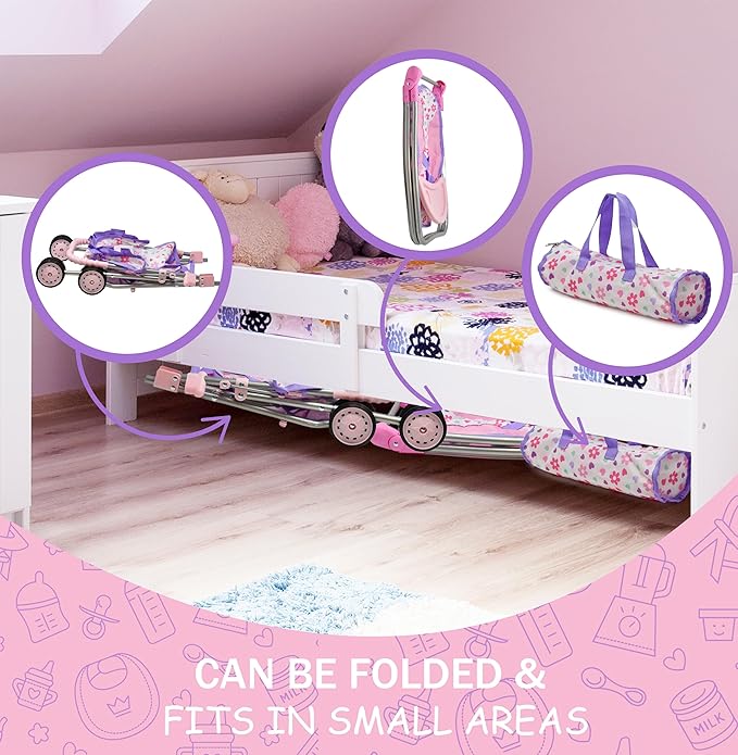 Baby Doll Stroller Bed and Swing Nursery Playset, Baby Doll Accessories Furniture Set Convertible High Chair Diaper Bag Role Play Deluxe Purple Doll Set