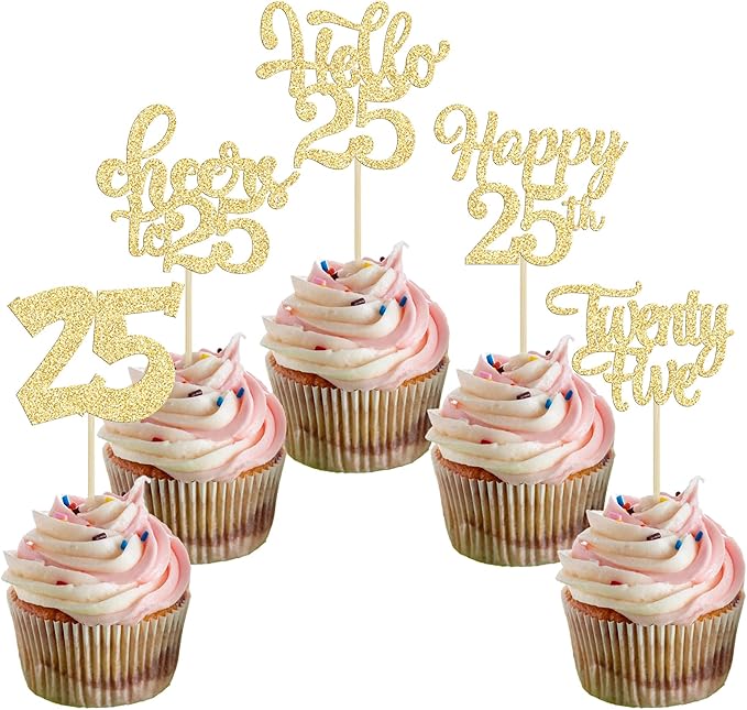 30pcs 25th Birthday Cupcake Toppers - 25th Anniversary Cake Decorations with Gold Glitter