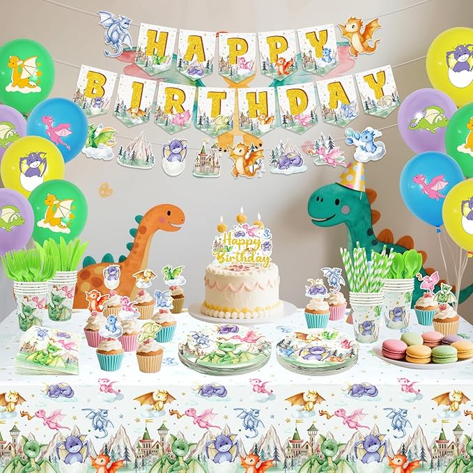 Dragon Party Supplies, Including Happy Birthday Banner, Plates,Cups, Napkins, Tablecloth, Balloons, Straws, for Dragon Theme Boy Girl Birthday Party Decorations Serves 20 Guest