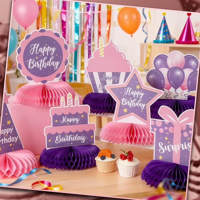 Yexiya 8 Pcs Pink and Purple Birthday Centerpiece Table Decoration, Happy Birthday Honeycomb Centerpieces Honeycomb Table Toppers for Men Women Party Supplies
