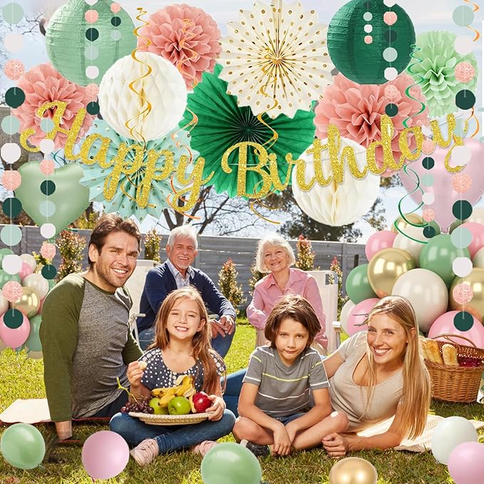 Sage Green Pink Birthday Decorations - 62pcs Happy Birthday Banner, Olive Retro Beige Paper Lanterns Pom Poms, Green Pink Balloons , Neutral Streamers Garland, Birthday Decorations for Women Girl Boys