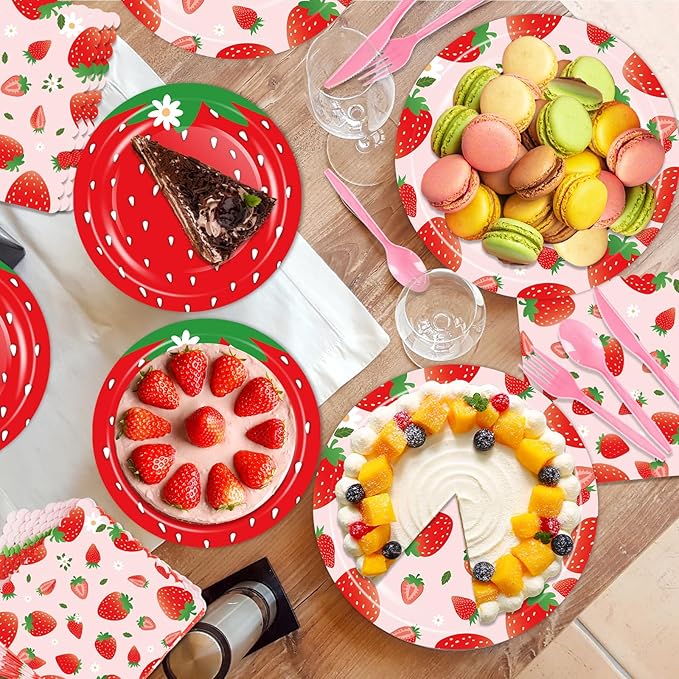 OuMuaMua 177Pcs Strawberry Birthday Party Plates Napkins Banners Supplies Summer Fruit Disposable Tableware Set for Girls Berry First Sweet One 1st Baby Shower Strawberry Theme Decorations, Serves 25