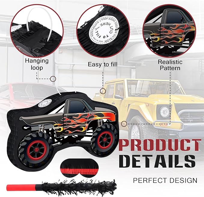 Hooqict Monster Truck Pinata Car Birthday Pinata with Blindfold and Bat Stick for Kids Boys Monster Truck Party Supplies Racing Car Construction Themed Party Decorations