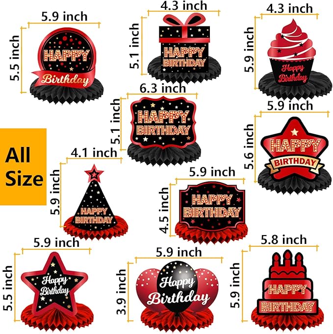 Happy Birthday Red and Black Table Honeycomb Centerpieces Balloons Theme Decor Table Decorations Table Toppers for Women Princess Birthday Party Bday Supplies Background Gold