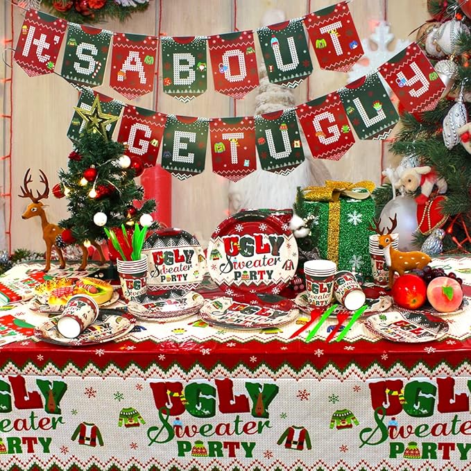 Ugly Sweater Party Decorations-142Pcs Christmas Plates Set for 20 Guests, It's About to Get Ugly Christmas Tableware Supplies