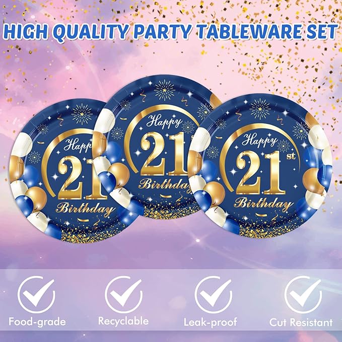 21st Birthday Party Supplies 21st Navy Blue and Gold Party Decor Includes Plates Napkins 21 Years Old Birthday Decoration Supplies for Boys Girls Men Women
