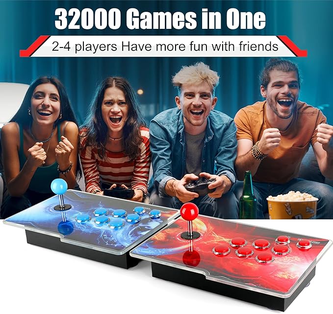 HHU Pandora Box Arcade Game Console 32000 Games Pre-Install，Two Separate Joysticks，Retro Game Machine for TV PC Projector, Supports Up to 4 Players, Full HD Output, Red & Blue