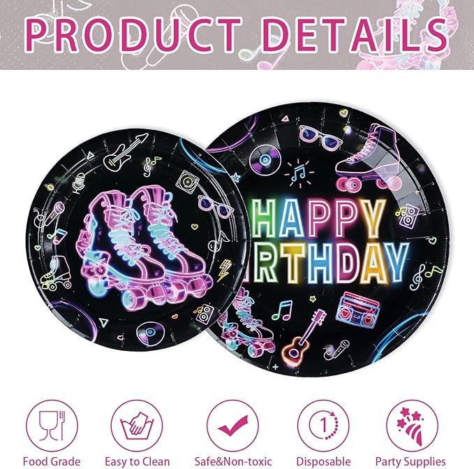 250Pcs Roller Skating Party Supplies Skating Birthday Plates Napkins Cups Neon Let’s Roll Disposable Paper Tableware Set for Kids Boys Girls Roller-Skate Birthday Party Decoration Serves 50