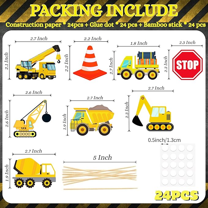 24 PCS Construction Cupcake Toppers Stop Sign Dump Truck Excavator Tractor Party Cake Food Picks Decorations for Construction Theme Baby Shower Kids Birthday Party Supplies