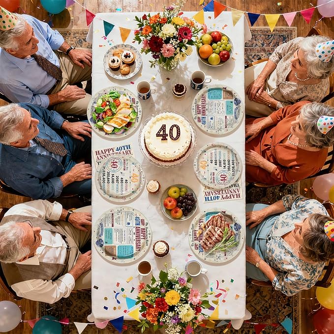 96Pcs 40th Anniversary Party Decorations Retro 40 Years Wedding Aday Plates and Napkins Happy 40th Anniversary Disposable Tableware Set for Vintage 40 Year Wedding Party Supplies Serves 24
