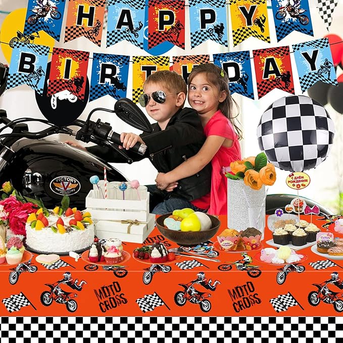 PHOGARY 3pcs Dirt Bike Table Cloth for Boys Men Birthday Party Decorations, Checkered Racing Motorcycle Disposable Plastic Rectangular Table Covers Motocross Moto Theme Party Favors Supplies 51x86Inch
