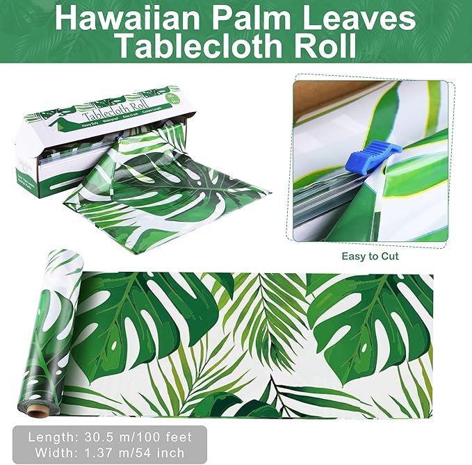 Kochorie Palm Leaves Tablecloth Roll with Cutting Box 54 Inch x 100 Ft Hawaiian Luau Tablecloths Disposable Aloha Tropical Table Cover Backdrop for Hawaii Birthday Summer Beach Tropical Party Supplies