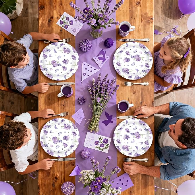 50Pcs Purple Floral Party Decorations 9" Purple Wildflowers Paper Plates Disposable Butterfly Themed Platter for Spring Flower Weddings Birthdays Baby Shower Party Supplies