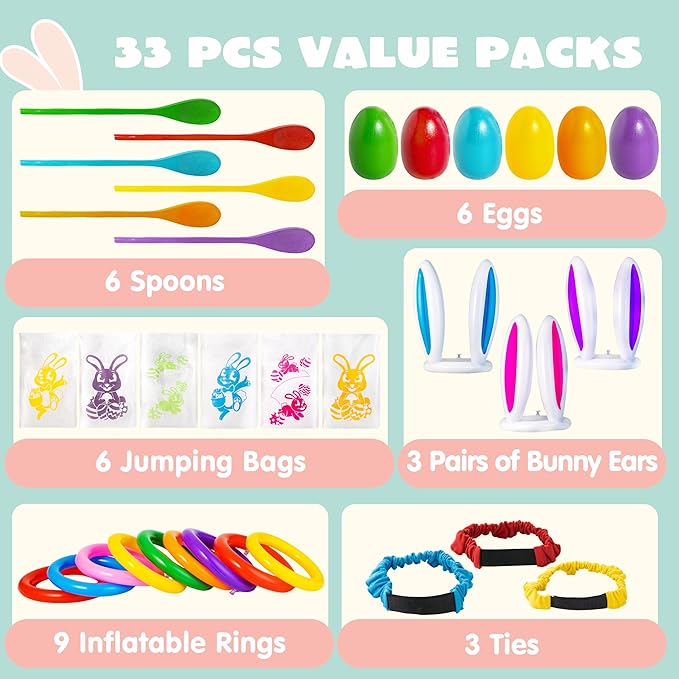 JOYIN Easter 33PCS Potato Sack Race Jumping Bags, Spoon and Egg Race, 6 Players Legged Relay Race Bands Elastic Tie Rope for Easter Theme Party Favor, Outside Lawn,Eggs Hunt Game Activities