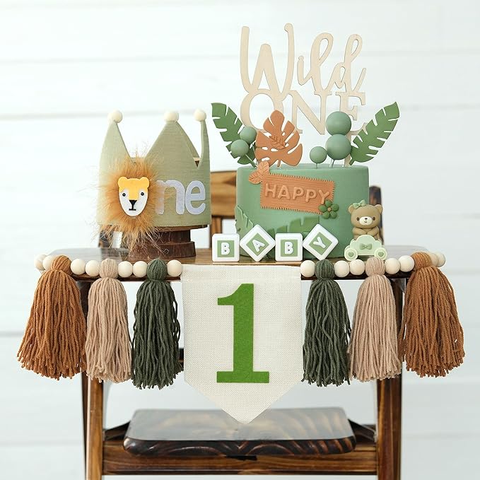 Wild One 1st Highchair Banner Wood Bead Tassel Garland Lion Crown Hat Wooden Cake Topper Birthday Party Decorations