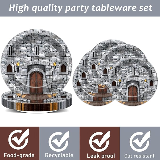 CHUNNIN 96PCS Medieval Plates Napkin Halloween Castle Party Decorations Castle Knight Birthday Dessert Plates Medieval Themed Tableware Set for 24 Guests Kids Birthday Baby Shower Party Supplies