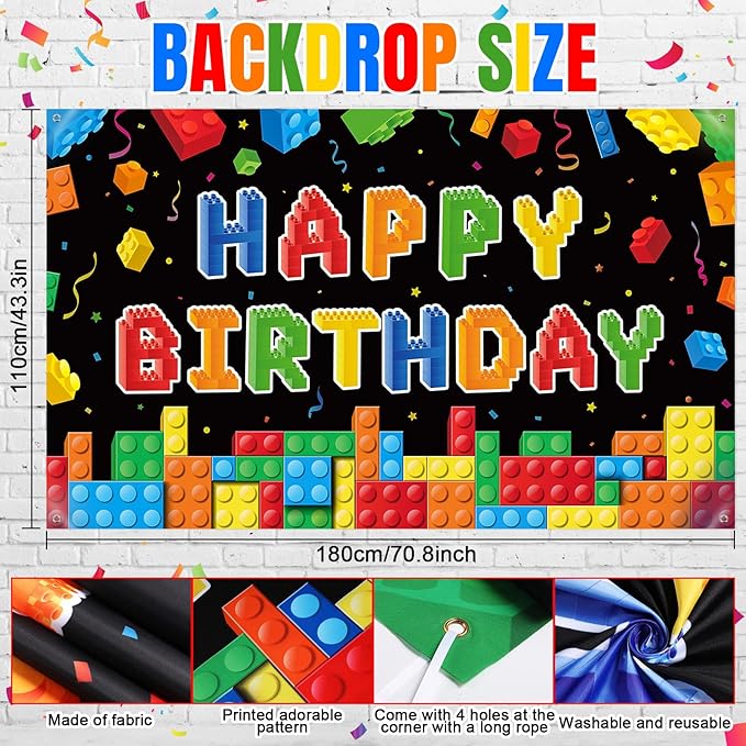 Blosssound Building Block Birthday Party Decorations Color Block Backdrop Banner Decor 114 Pcs Brick Theme Balloons Arch Kit for Men Women Building Party Favors Supplies
