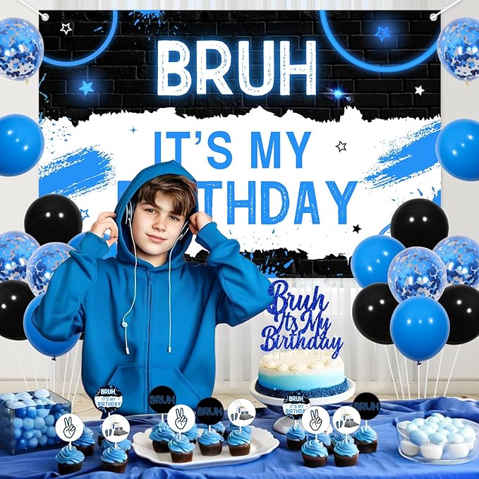 JOYMEMO Bruh It’s My Birthday Decorations Kit For Boy - Happy Birthday Bro Backdrop Banner, Bruh Cake topper and cupcake toppers, Blue and Black Teen Boy Birthday Party Supplies