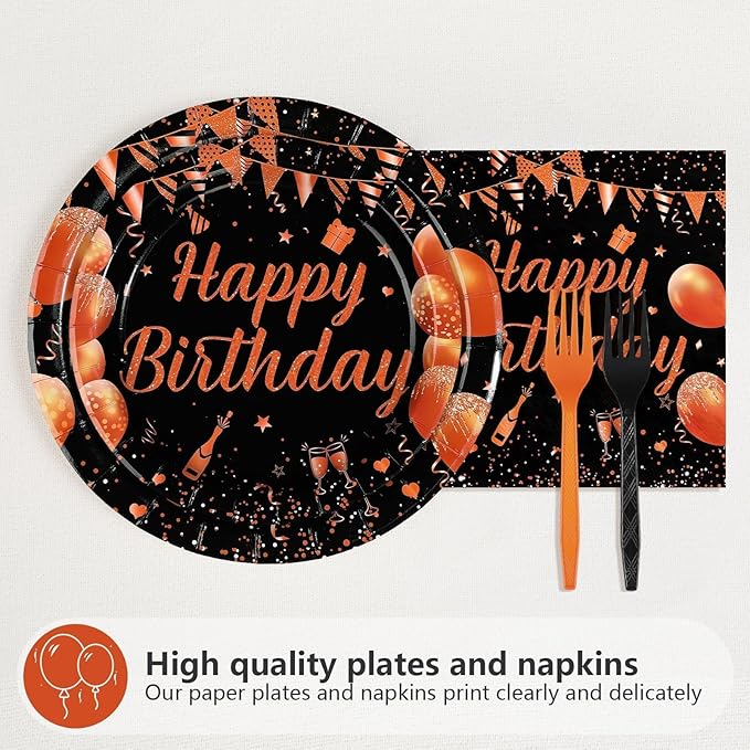 96Pcs Orange Black Happy Birthday Party Decorations Black and Gold Plates and Napkins Disposable Whiskey Bday Tableware Set for Women Girls Kids Boys Men Birthday Baby Shower Party Supplies Serves 24