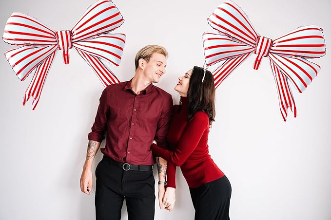 2 pcs Big Bow Balloons Red Strips 30 inch, Bow Party Balloons Decorations for Girls Birthday Mouse Themed Baby Shower Wedding Christmas Party Décor Supplies Favors