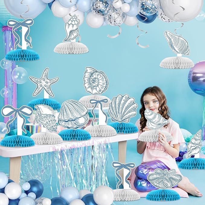 14 Pcs Summer Seashells Party Table Decorations, Ocean Happy Birthday Honeycomb Centerpieces, Party Supplies Birthday Decorations Blue Bow Starfish Seashells for Women Men Baby Shower