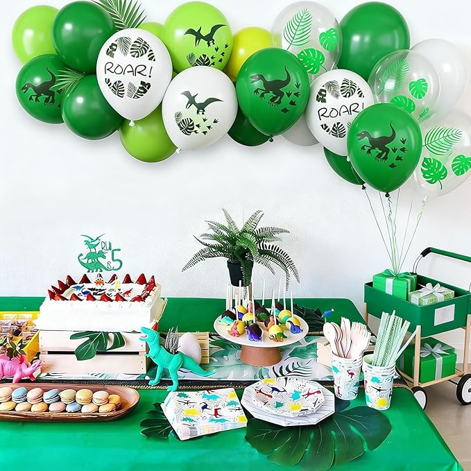 FunHot Dinosaur Balloons, 50 Pcs Dino Printed Balloon, 12 Inch Fruit Green White Latex Balloons, Leaf Printed Transparent Balloon for Boy Baby Shower Birthday Dino Themed Jungle Woodland Party Decor