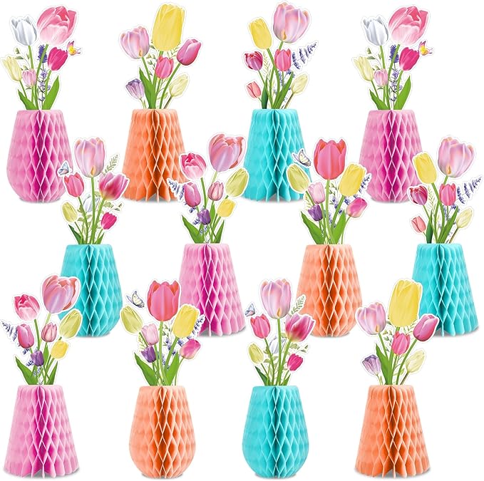 12pcs Tulip Honeycomb Centerpieces 3D Tulip Flower Party Decorations Spring Floral Honeycomb Centerpieces Decor Party Supplies for Spring Garden Wedding Birthday Mother's Day Baby Shower Decor