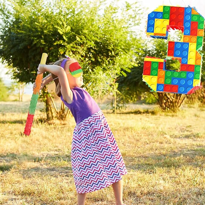 Building Blocks 3rd Birthday Party Decorations Number 3 Pinata with Pinata Stick & Blindfold for Kids Girls Boys Happy Birthday Building Block Theme Party Supplies Carnival Games