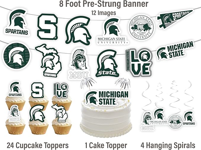 Michigan State Party Supplies for MSU Football, Birthday Gift, Graduation Party Banner and Cake Toppers (42 Pieces) (Michigan State Spartans)