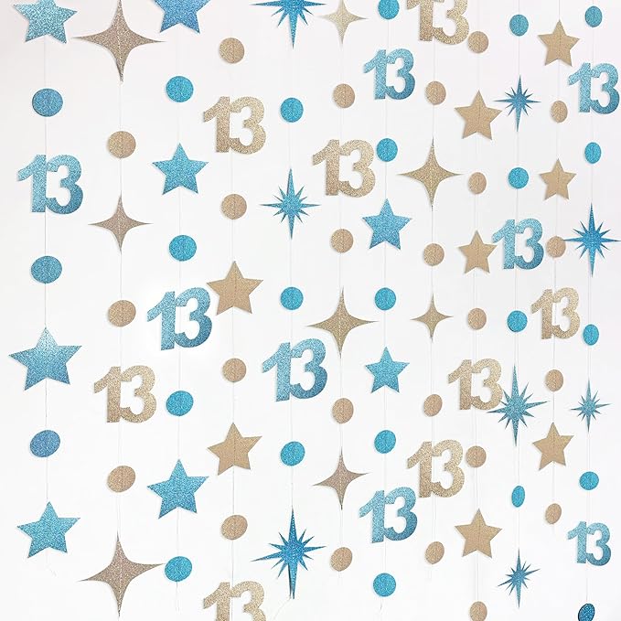 Champagne Gold Blue 13th Birthday Decorations Number 13 Circle Dot Star Garland Streamer Banner Backdrop for Girls Boys Official Teenager Cheers to 13 Years Old Happy 13th Birthday Party Supplies