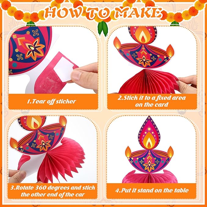 12 Pcs Diwali Party Decorations Honeycomb Centerpieces Happy Diwali Table Decoration Elephants Marigold Candlestick Indian Hindu Lights Table Topper for Indian Party Favors Supplies