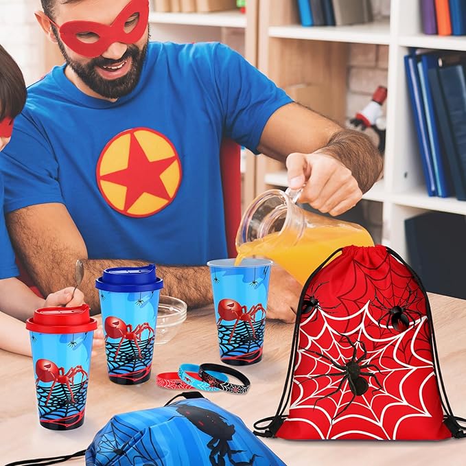 48 Pcs Spider Party Favors Spiderweb Birthday Party Supplies Hero Decorations for Guests Including Drawstring Gift Bags Cups and Wristbands for Christmas Birthday Gift Favors