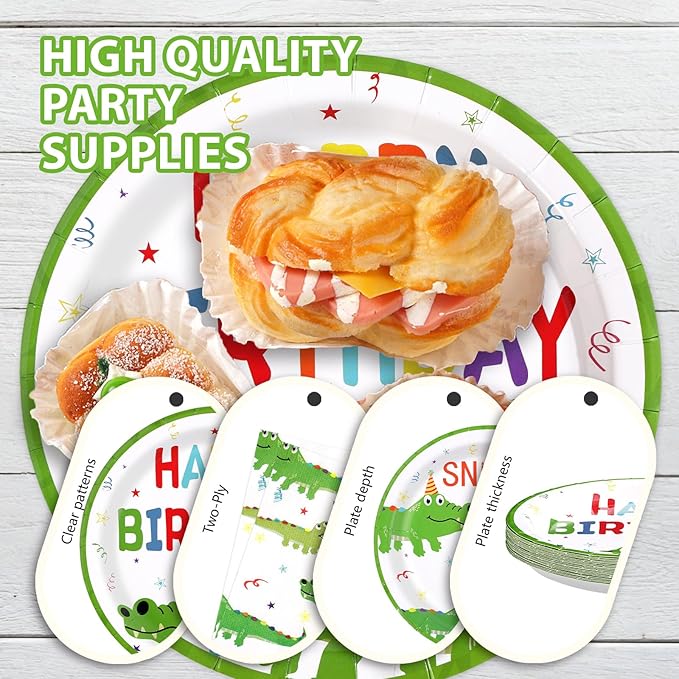 96Pcs Crocodile Birthday Party Supplies Reptile Crocodile Plates and Napkins Green Alligator Animal Theme Tableware Set for Kids Boys Jungle Safari Swamp Birthday Party Supplies，Serves 24