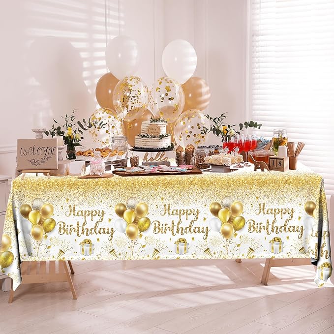 Happy Birthday Tablecloths - Gold & White Party Decorations, 3pcs Disposable Table Covers for Indoor/Outdoor Birthdays