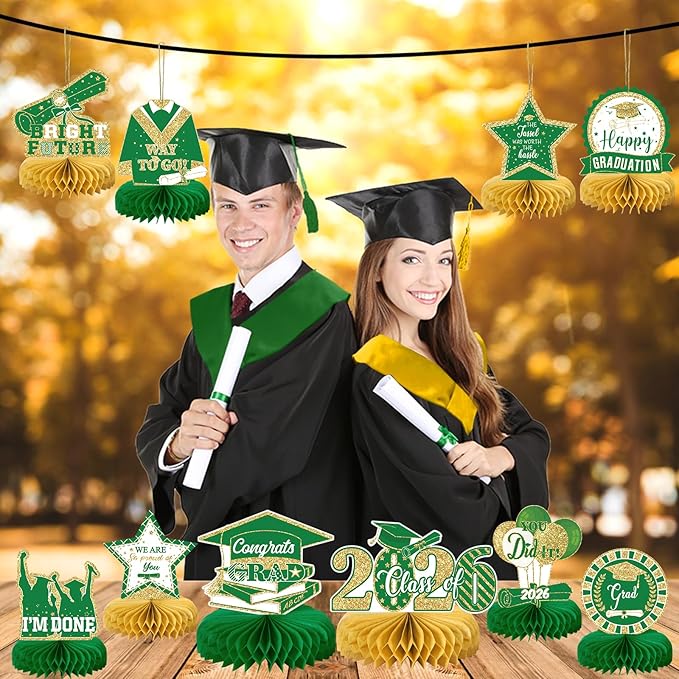10PCS Graduation Party Decorations Class of 2026 Congrats Grad Table Centerpieces Congratulate Graduation Honeycomb Table Toppers for Graduation Party Supplies(Green Gold)