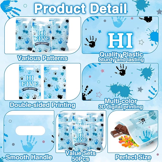 Hi Five Party Favor Bags - 50Pcs Blue High 5 Year Old Goody Candy Treat Gifts Bags 5th Birthday Painting Decorations for Boys Girls Kids Five Years Old Birthday Baby Shower Supplies