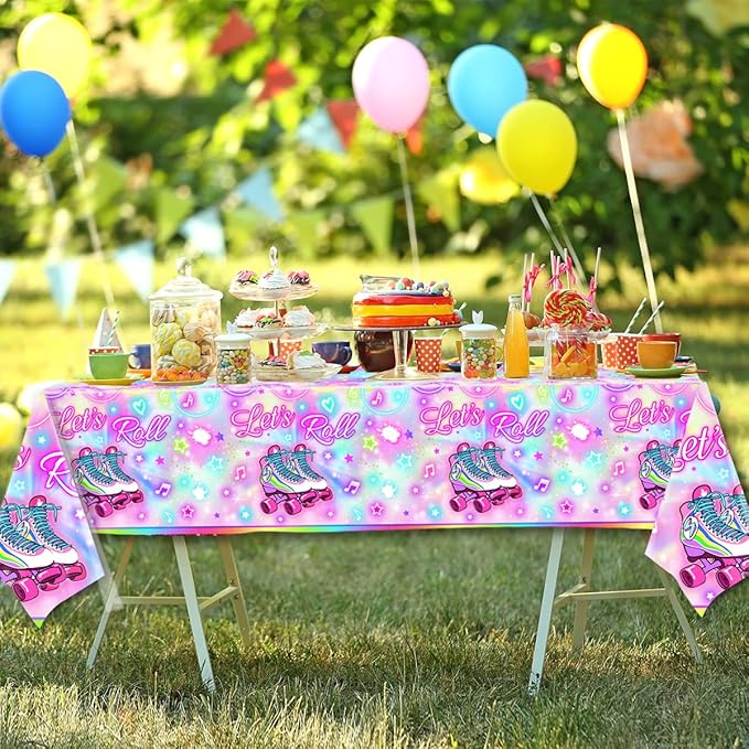 GREHUMOR 3pcs Roller Skating Table Covers Roller Skater Birthday Party Decorations Skate Table Covers Let's Roll Colorful Tablecloth Roller Skating Theme Party Supplies