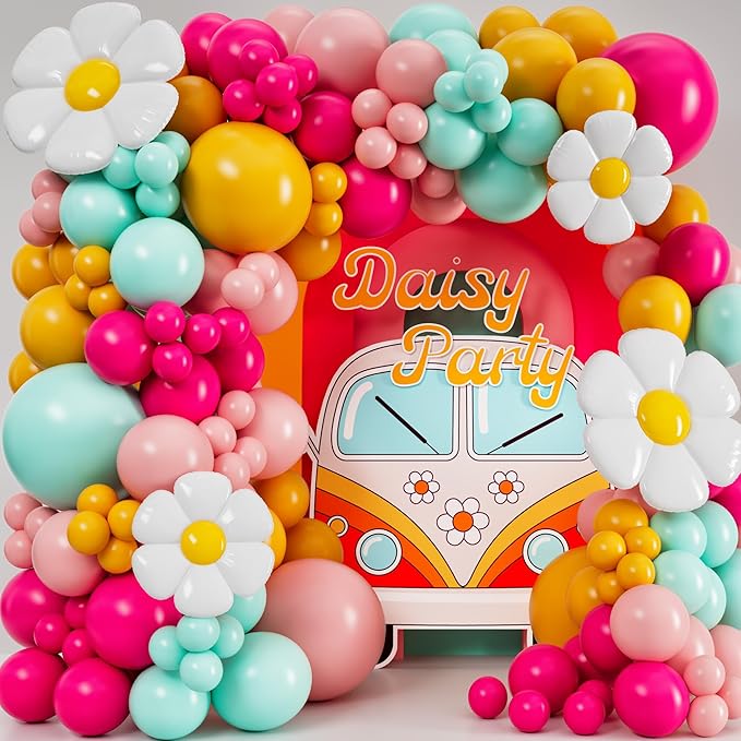 ALL-IN-1 Daisy Balloons Garland Kit & Arch with BONUS Daisies – Small and Large Pastel Pink Green Yellow Two Groovy Balloons – Daisy Party Decorations for Birthday or Baby Shower – Hippie Retro Floral