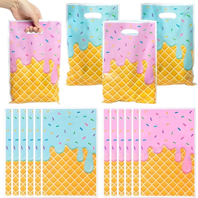 Ice Cream Party Favor Bags - 50Pcs Plastic Sweet Candy Goodie Treat Gift Bag with Handles Cute Summer Ice Cream Theme Birthday Party Supplies Baby Shower Wedding Decor