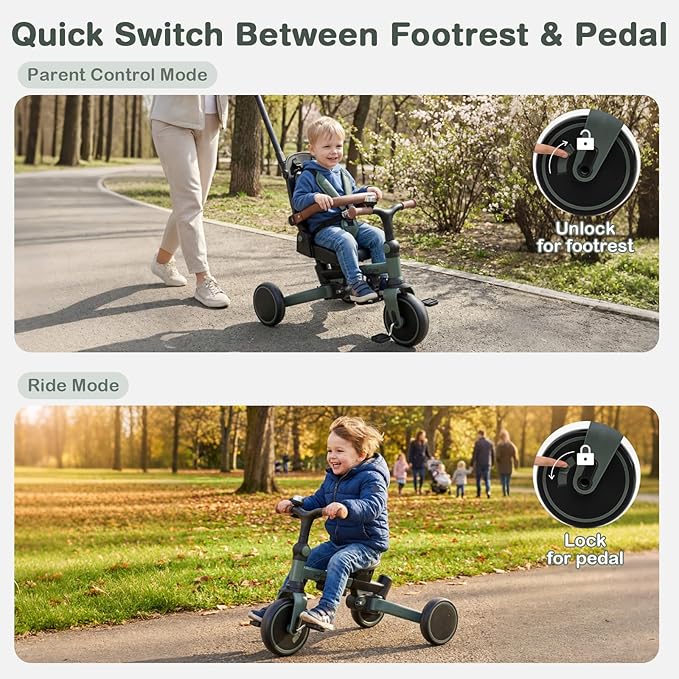 INFANS 9-in-1 Foldable Toddlers Tricycle, Converts Stroller to Balance Bike with Adjustable Push Handle, Canopy & Backrest, Pedal Conversion, Retractable Rear Wheels for 1-6 Years (Green)