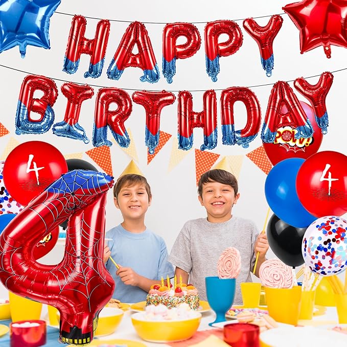 Cartoon Hero 40 Inch Red and Blue Spider Theme Number Foil Birthday Decoration Balloon, Spider Theme Happy Birthday Banner Party Decoration Balloon, Letter Logo Superhero Party Supplies (4)