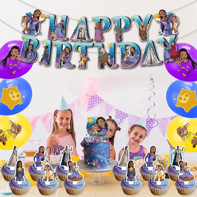 42Pack Wish Birthday Party Supplies Pack Includes，Banner，Cake Topper，Blackdrop,Balloons for Wish party supplies